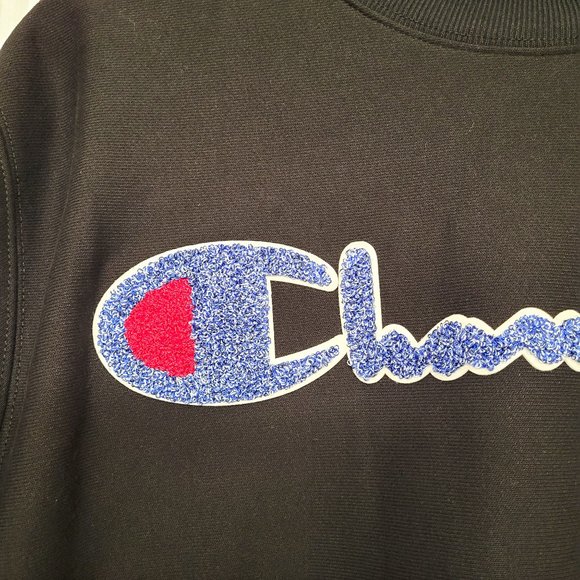 Champion Life Reverse Weave Mockneck Crew, Chenille Vintage Logo Black Applique - Picture 5 of 12